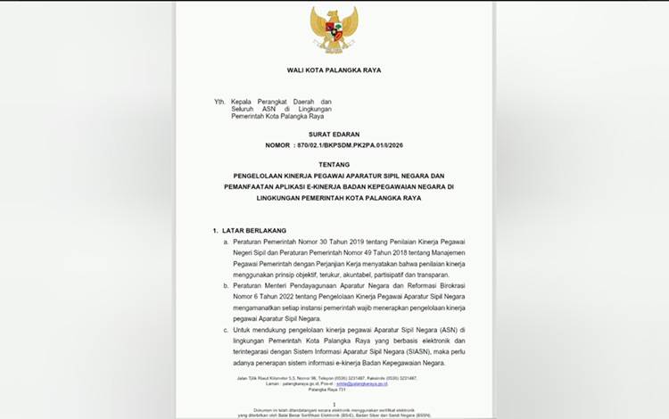 Pemko Palangka Raya Keluarkan Surat Edaran Pedoman Pengelolaan Kinerja ASN Berbasis e-Kinerja BKN