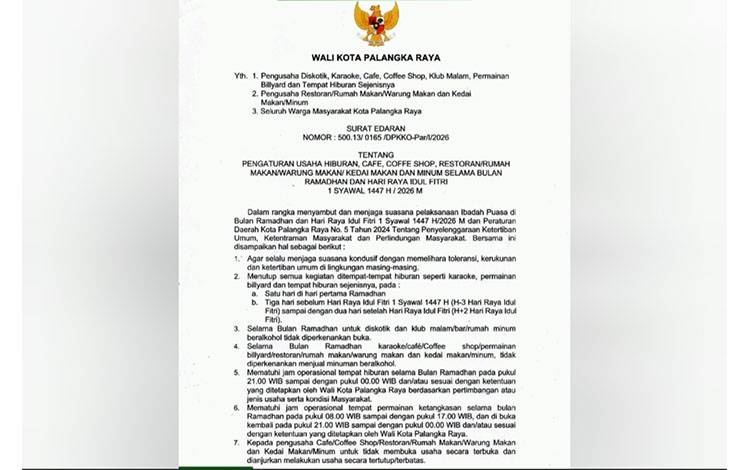 Wali Kota Palangka Raya Terbitkan SE Aturan Usaha Hiburan Selama Ramadan/Idul Fitri, Berikut Isinya