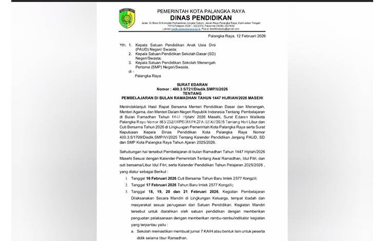 Disdik Palangka Raya Terbitkan SE Aturan Pembelajaran Bulan Ramadan, Berikut Isinya