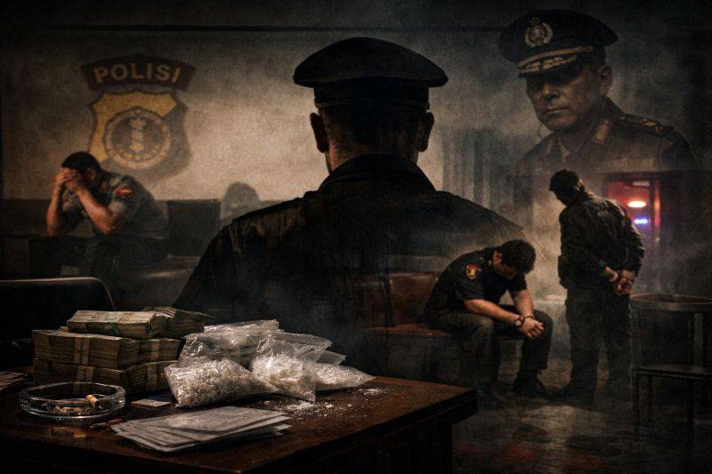 Ilustrasi -Ruang kantor polisi malam hari dengan dokumen, uang, dan narkoba di meja menggambarkan retaknya benteng hukum dari dalam, sementara sosok perwira terlihat dalam bayangan. (ANTARA/HO - AI)