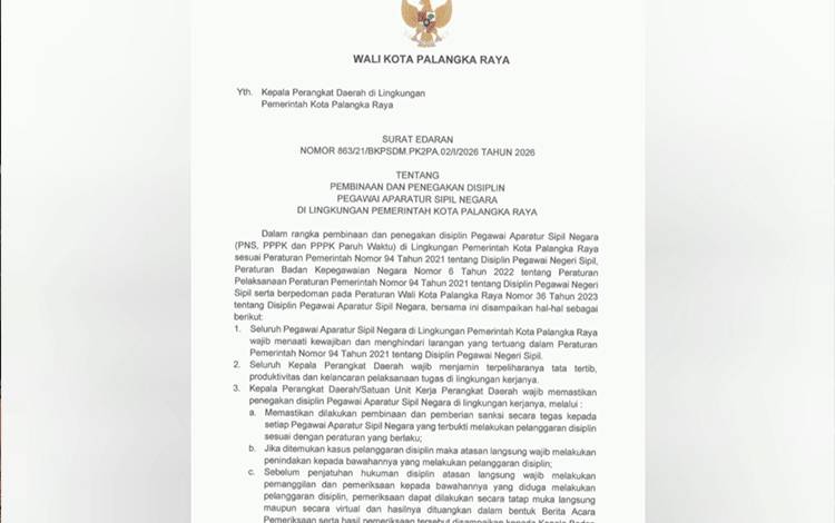 Wali Kota Palangka Raya Terbitkan Surat Edaran Nomor 863 Tahun 2026 Tentang Pembinaan dan Penegakan Disiplin PNS