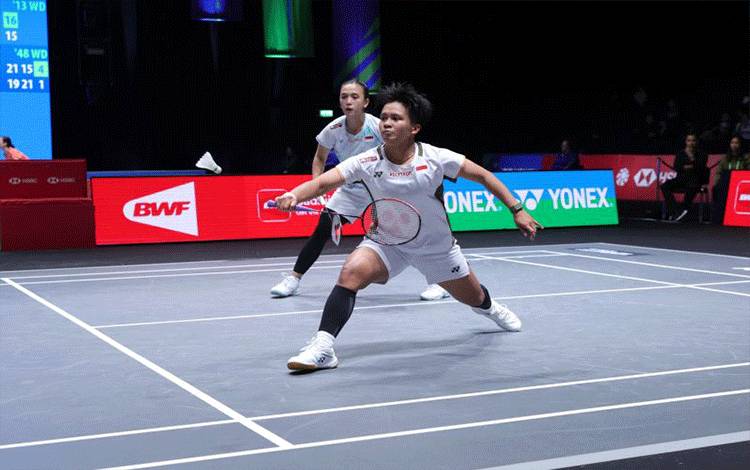Ganda putri Indonesia Febriana Dwipuji Kusuma/Meilysa Trias Puspitasari saat melawan wakil Ukraina Polina Buhrova/Yevheniia Kantemyr pada babak pertama All England 2026 di Utilita Arena, Birmingham, Inggris, Rabu (4/3/2026) (ANTARA/HO-PBSI)