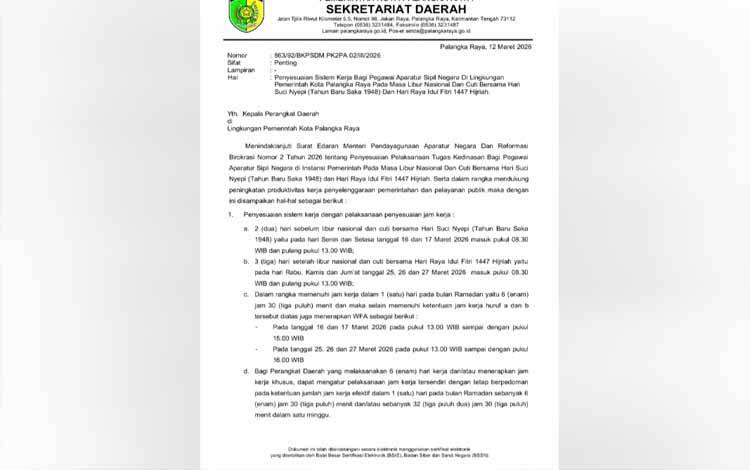 Pemko Palangka Raya Tetapkan Penyesuaian Jam Kerja Jelang dan Pasca Libur Nyepi - Idulfitri