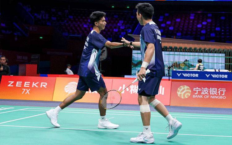 Pebulu tangkis ganda putra Indonesia Fajar Alfian/Muhammad Shohibul Fikri saat tampil di babak 16 besar Badminton Asia Championships 2026 di Ningbo Olympic Arena, Ningbo, Kamis (09/04/2026). (ANTARA/HO-PBSI)