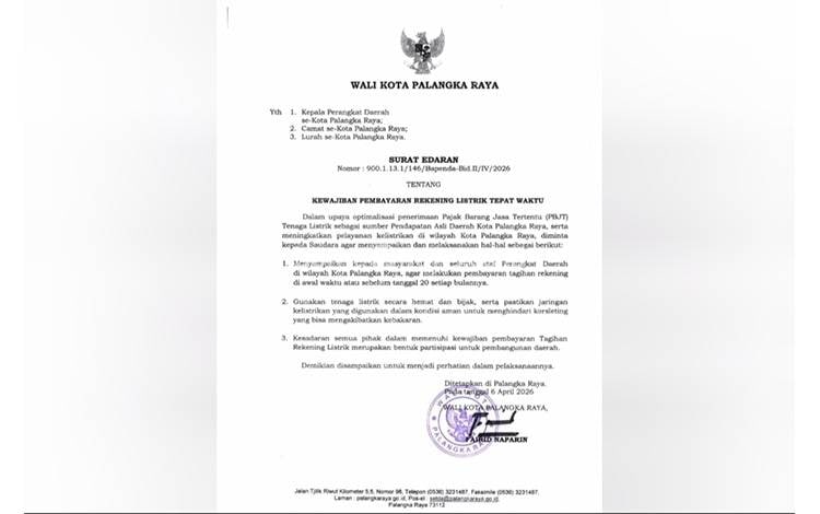 Optimalkan Pendapatan Daerah, Wali Kota Fairid Naparin Terbitkan Edaran Wajib Bayar Listrik Tepat Waktu