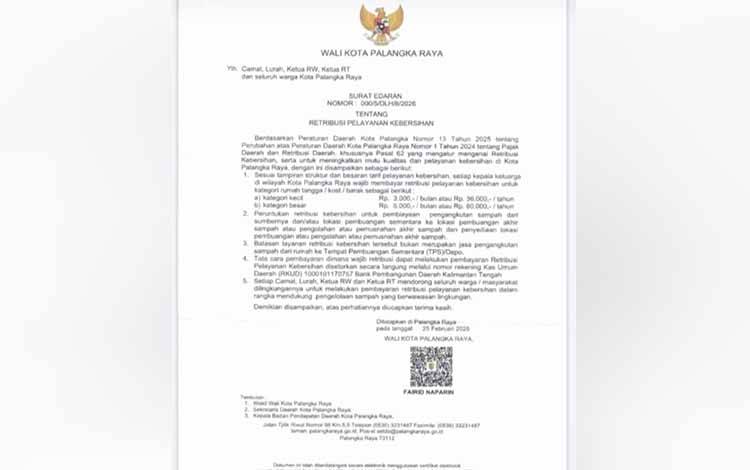 Terbitkan Surat Edaran, Wali Kota Palangka Raya Atur Besaran dan Tata Cara Pembayaran Retribusi Kebersihan