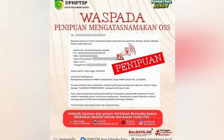 Waspada Penipuan DPMPTSP Palangka Raya Ingatkan Modus WA Mengatasnamakan OSS