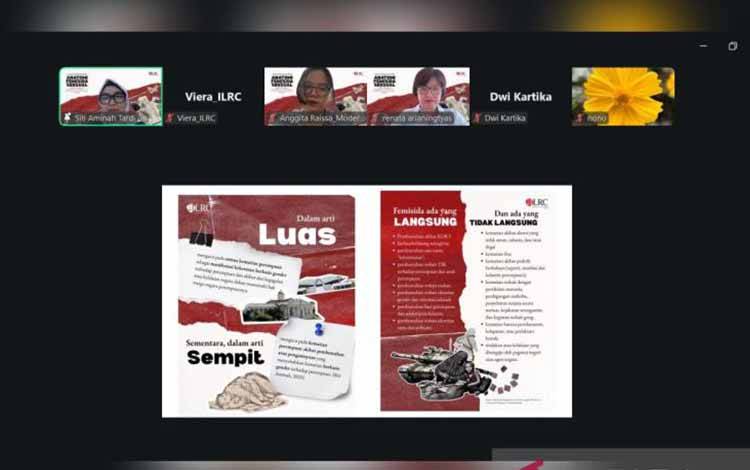 Paparan yang disampaikan oleh Direktur The Indonesian Legal Resource Center (ILRC) Siti Aminah Tardi (kiri atas) dalam zoom meeting Laporan Pemantauan Femisida Seksual 2025 di Jakarta. ANTARA/HO-ILRC