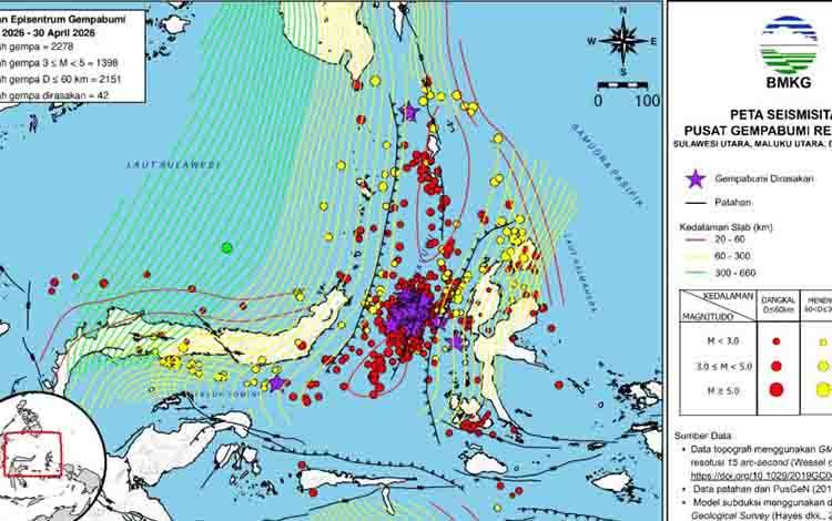 Peta sebaran gempa tektonik di wilayah Sulawesi Utara dan sekitarnya. ANTARA/HO-BMKG