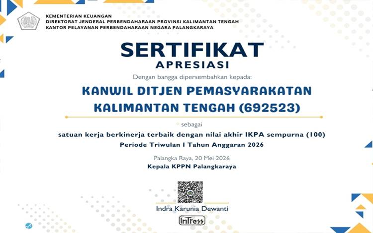 Kanwil Ditjenpas Kalteng Raih Penghargaan Kinerja Anggaran Terbaik dengan Nilai Sempurna 100