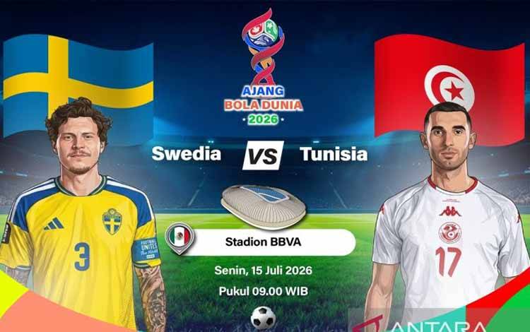 Grafik ilustrasi pertandingan penyisihan Grup F Piala Dunia 2026 antara Swedia melawan Tunisia yang dijadwalkan berlangsung di Stadion BBVA, Monterrey, Meksiko, Minggu (14/6/2026) waktu setempat. ANTARA INFOGRAFIK/Vintan Rahmadanti