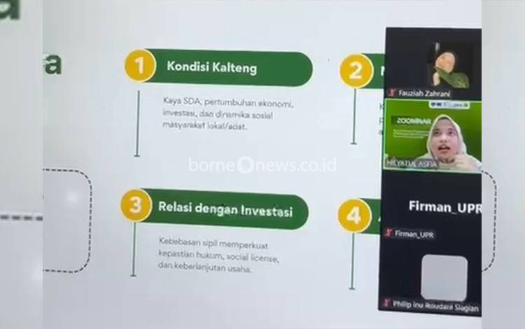 Zoominar Sosialisasi CSD E-Learning Program Basis FH UPR Bahas Relasi Kebebasan Sipil dan Investasi Berkelanjutan Kalteng