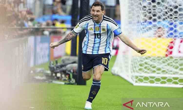 Ujung tombak timnas Argentina Lionel Messi merayakan gol keduanya saat menghadapi Austria di laga grup J Piala Dunia FIFA 2026 di Stadion Dallas di Dallas, Amerika Serikat, Senin (22/6/2026) waktu setempat. ANTARA/Xinhua/Jia Haocheng/aa.