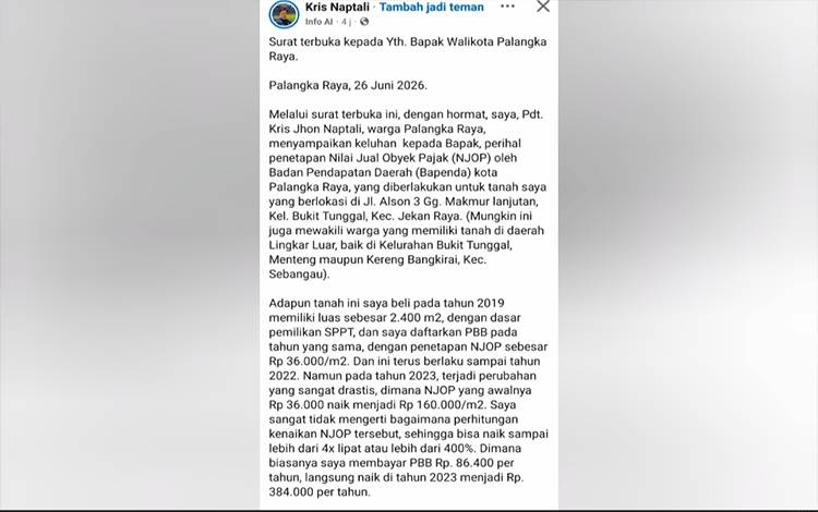 Warga Layangkan Surat Terbuka Untuk Wali Kota Palangka Raya terkait Dugaan Kenaikan NJOP Tanah Hingga 4 Kali Lipat