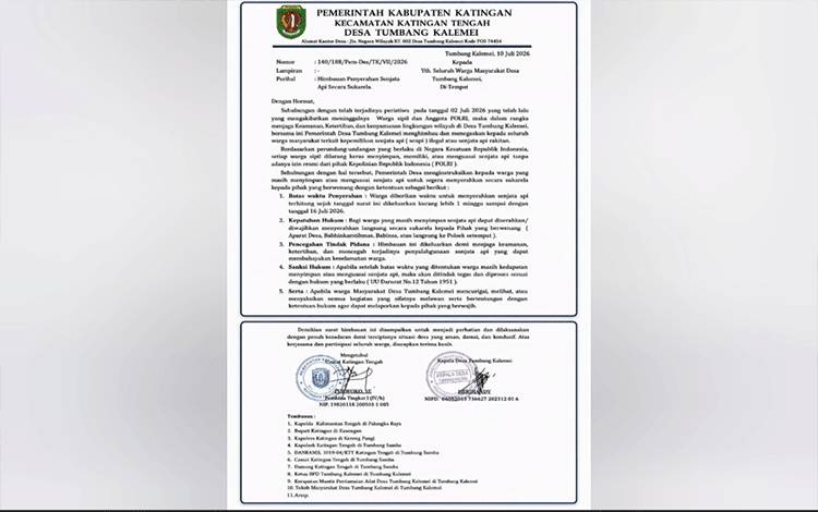 Pasca Pembunuhan Polisi, Pemerintah Desa Tumbang Kalemei Minta Warga Serahkan Senjata Api Ilegal