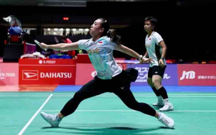 Ganda putri Indonesia Febriana Dwipuji Kusuma/Meilysa Trias Puspitasari saat melawan pasangan Taiwan Chang Ching Hui/Yang Ching Tun babak pertama BWF World Tour Super 750 Japan Open 2026 di Tokyo, Jepang, Selasa (14/7/2026). Ana/Trias menang 21-16, 21-8. ANTARA/HO-PBSI.