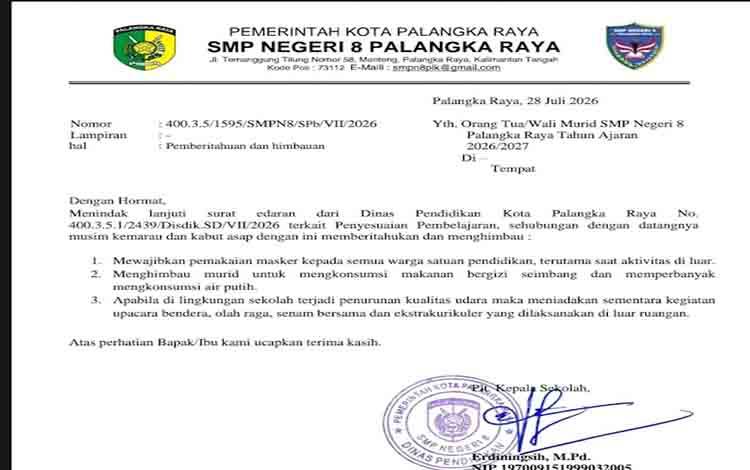 SMPN 8 Palangka Raya Wajibkan Siswa Pakai Masker Selama Kabut Asap