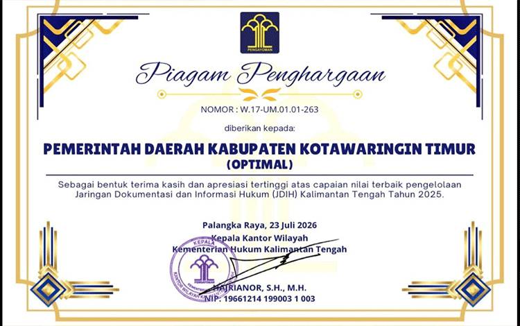 Pemkab Kotim Raih Predikat Optimal JDIH Terbaik di Kalteng