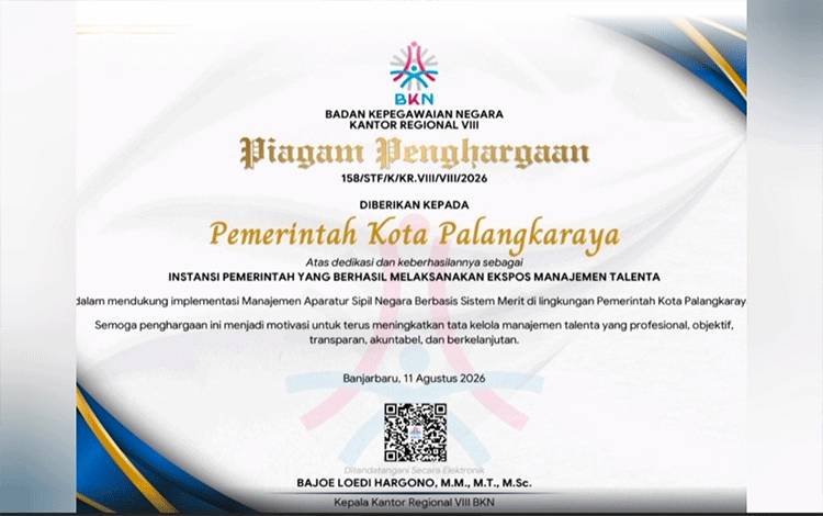 Pemko Palangka Raya Terima Piagam Penghargaan BKN atas Keberhasilan Ekspose Manajemen Talenta