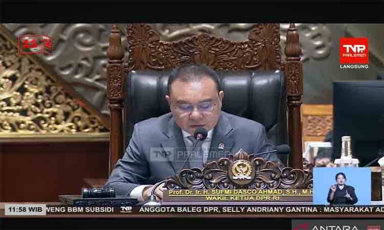 Wakil Ketua DPR RI Sufmi Dasco Ahmad dalam Rapat Paripurna DPR RI ke-2 Masa Persidangan I Tahun Sidang 2026-2027, di Jakarta, Selasa (18/8/2026). ANTARA/Bayu Saputra