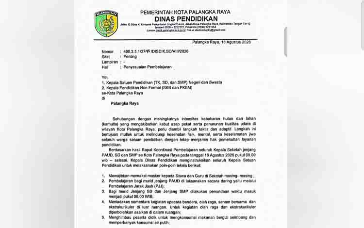 Dinas Pendidikan Palangka Raya Terbitkan Penyesuaian Pembelajaran Dampak Kabut Asap