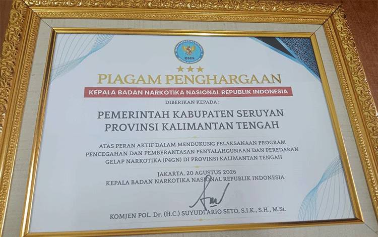 Pemkab Seruyan Terima Penghargaan P4GN dari Kepala BNN RI, Atas Komitmen Berantas Narkoba