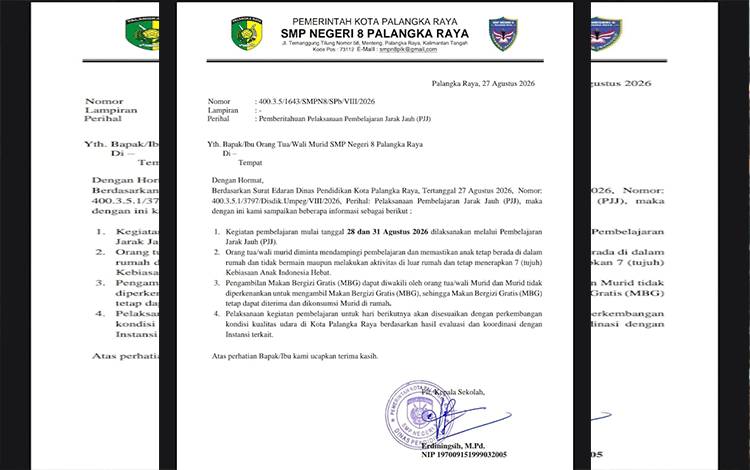 Surat Edaran Pemberlakuan PJJ SMPN 8 Palangka Raya. (Foto:MARINI)