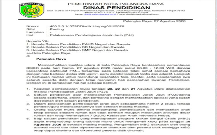 Kualitas Udara PM2,5 di Atas 200, Disdik Palangka Raya Terapkan PJJ 28, 29 dan 31 Agustus