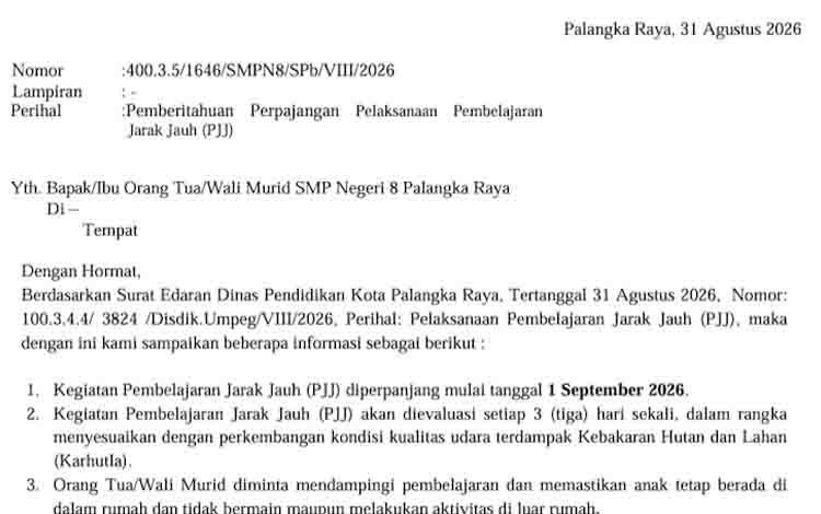 Kabut Asap Belum Mereda, SMPN 8 Palangka Raya Perpanjang PJJ Mulai 1 September