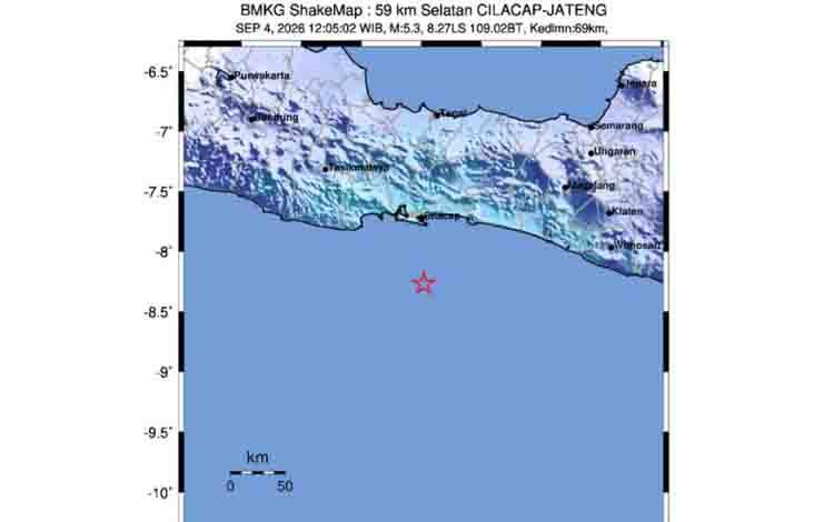 Peta lokasi gempa bermagnitudo 5,3 di selatan Cilacap, Jawa Tengah, Jumat (4/9/2026). ANTARA/HO-BMKG