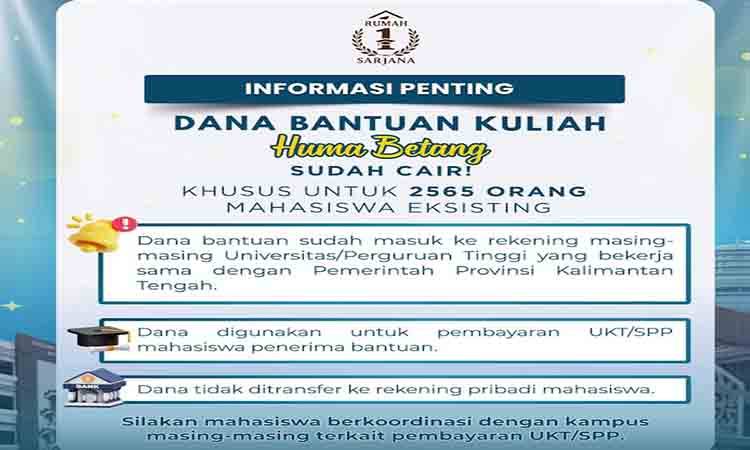 Hari Ini Dana Bantuan Kuliah Huma Betang Cair, 2.565 Mahasiswa Eksisting Jadi Penerima