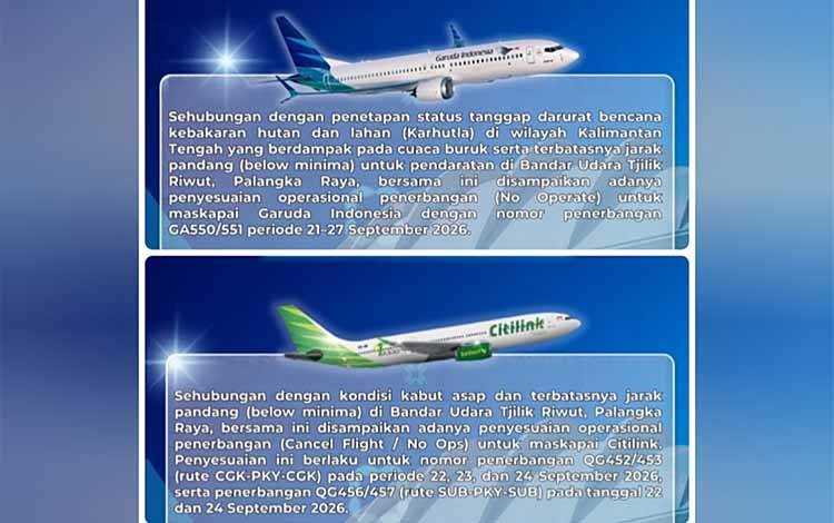 Garuda Indonesia dan Citilink Batalkan Penerbangan ke Bandara Tjilik Riwut Palangka Raya karena Kabut Asap