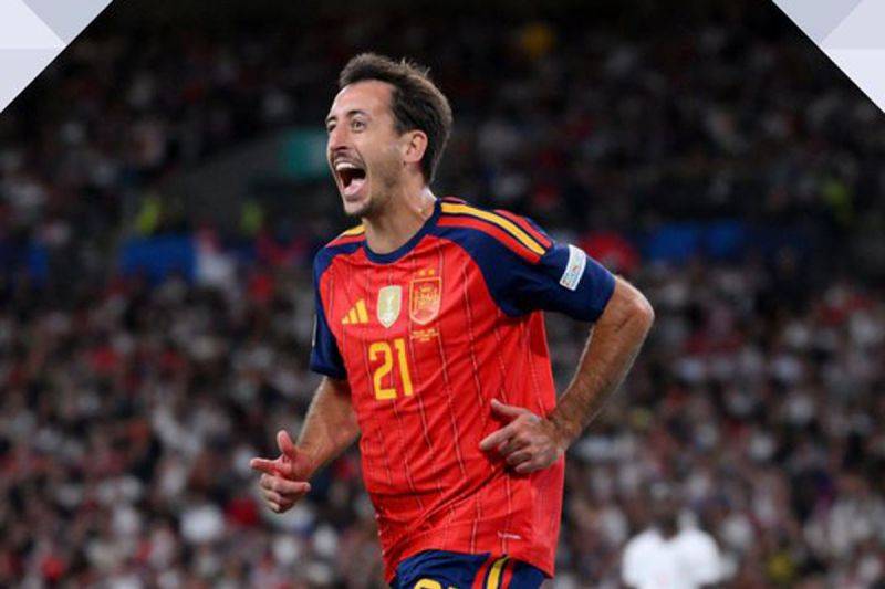 Pemain Spanyol Mikel Oyarzabal berselebrasi setelah mencetak gol ke gawang Inggris saat pertandingan pertama Grup 3 Liga A UEFA Nations League di Stadion Wembley, London, Sabtu waktu setempat. (X/UEFAEURO)