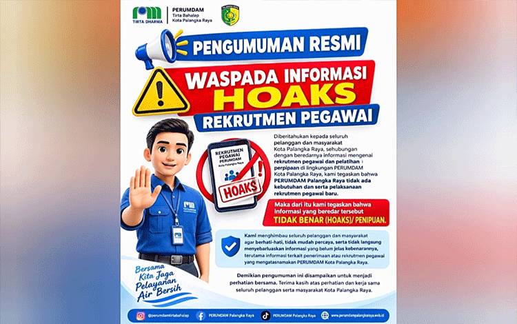 Perumdam Tirta Bahalap Palangka Raya Tegaskan Informasi Rekrutmen Pegawai yang Beredar adalah Hoaks