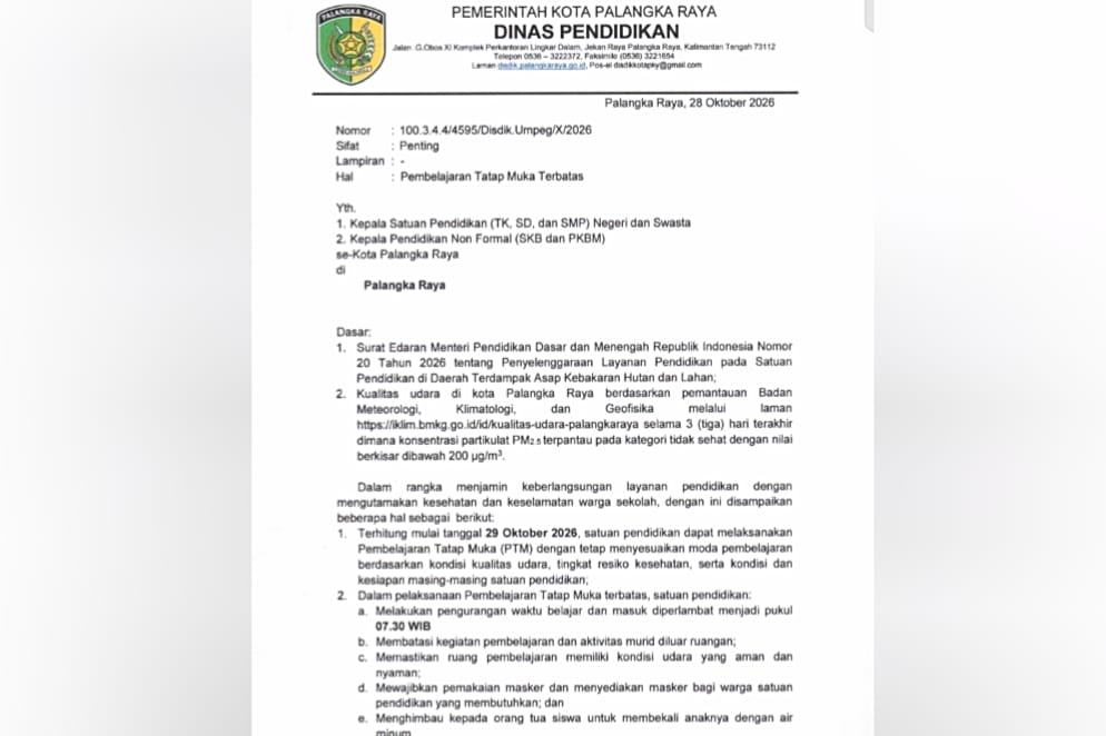 Mulai 29 Oktober Sekolah di Palangka Raya Terapkan Pembelajaran Tatap Muka Terbatas